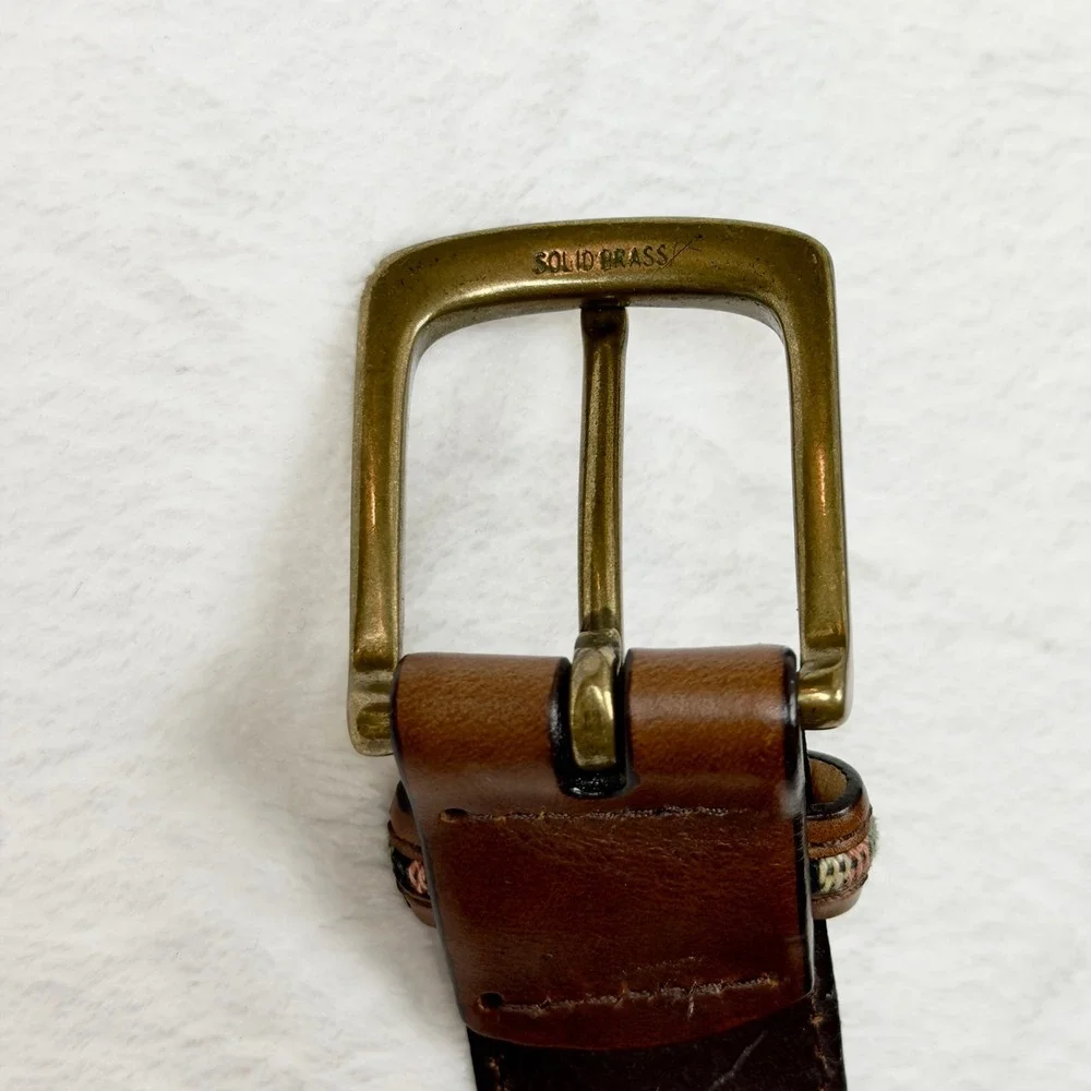 Columbia Brown Leather Belt Aztec Woven Tapestry Brass Buckle 44 L Gorpcore